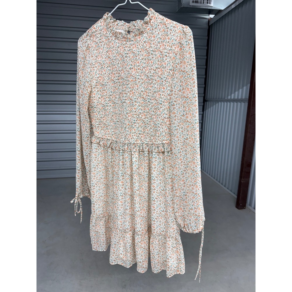 Versona Floral Smocked Mini Dress Cream Orange Teal Long Sleeve Ruffle XS